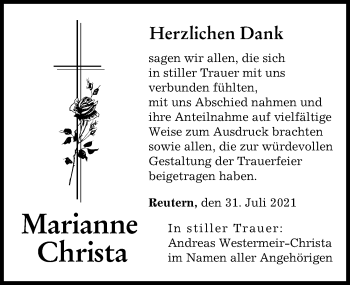 Traueranzeige von Marianne Christa von Augsburger Allgemeine