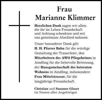 Traueranzeige von Marianne Klimmer von Aichacher Nachrichten