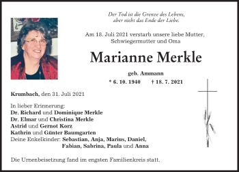 Traueranzeige von Marianne Merkle von Mittelschwäbische Nachrichten