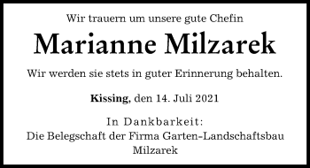 Traueranzeige von Marianne Milzarek von Friedberger Allgemeine, Augsburger Allgemeine