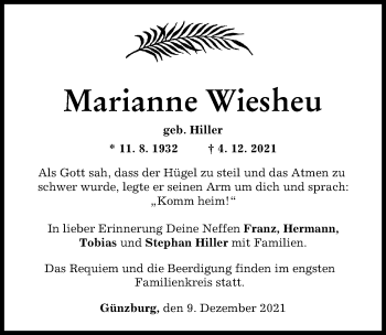 Traueranzeige von Marianne Wiesheu von Günzburger Zeitung