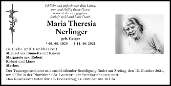 Traueranzeige von Maria Theresia Nerlinger von Memminger Zeitung