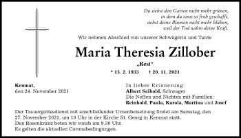Traueranzeige von Maria Theresia Zillober von Günzburger Zeitung