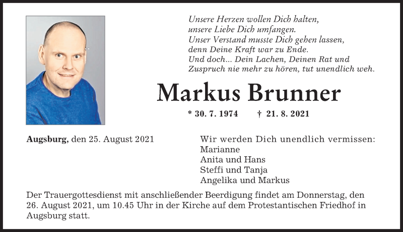  Traueranzeige für Markus Brunner vom 25.08.2021 aus Augsburger Allgemeine