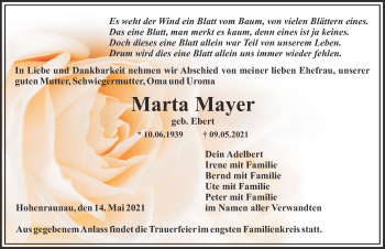 Traueranzeige von Marta Mayer von Mittelschwäbische Nachrichten