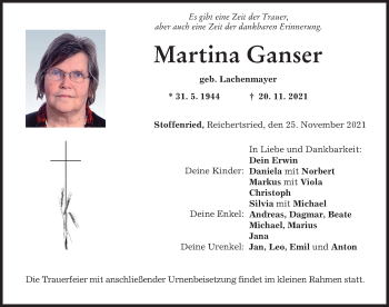 Traueranzeige von Martina Ganser von Mittelschwäbische Nachrichten