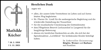 Traueranzeige von Mathilde Kücher von Augsburg-Land