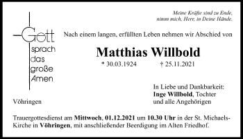 Traueranzeige von Matthias Willbold von Illertisser Zeitung