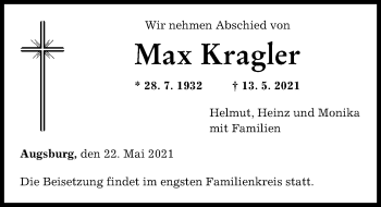 Traueranzeige von Max Kragler von Augsburger Allgemeine