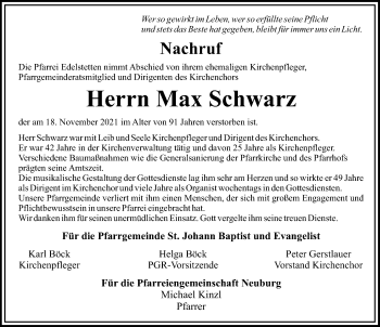Traueranzeige von Max Schwarz von Mittelschwäbische Nachrichten