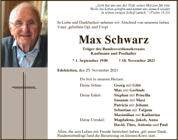 Traueranzeige von Max Schwarz von Mittelschwäbische Nachrichten