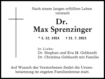 Traueranzeige von Max Sprenzinger von Augsburger Allgemeine