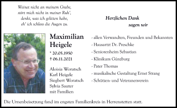 Traueranzeige von Maximilian Heigele von Illertisser Zeitung