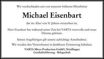 Traueranzeige von Michael Eisenbart von Rieser Nachrichten