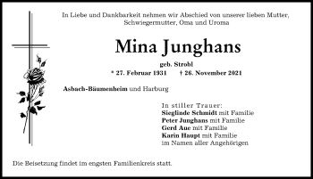 Traueranzeige von Mina Junghans von Donauwörther Zeitung