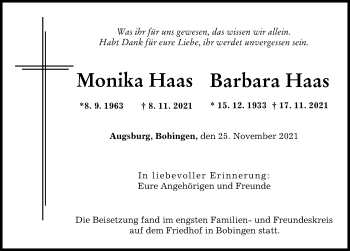 Traueranzeige von Monika Haas von Schwabmünchner Allgemeine