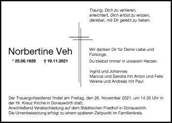 Traueranzeige von Norbertine Veh von Donauwörther Zeitung