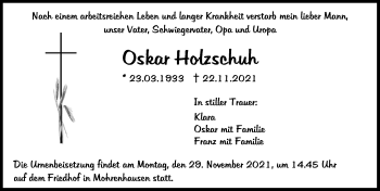 Traueranzeige von Oskar Holzschuh von Illertisser Zeitung