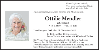 Traueranzeige von Ottilie Mendler von Landsberger Tagblatt