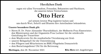 Traueranzeige von Otto Herz von Donauwörther Zeitung