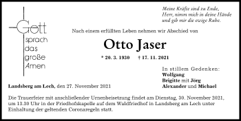 Traueranzeige von Otto Jaser von Landsberger Tagblatt