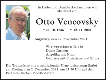 Traueranzeige von Otto Vencovsky von Augsburger Allgemeine