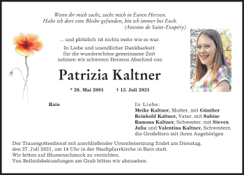 Traueranzeige von Patrizia Kaltner von Wertinger Zeitung, Donauwörther Zeitung