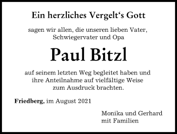 Traueranzeige von Paul Bitzl von Friedberger Allgemeine, Augsburger Allgemeine