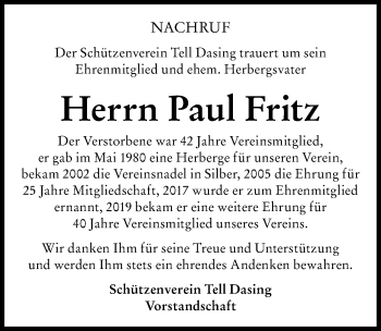 Traueranzeige von Paul Fritz von Friedberger Allgemeine