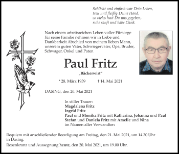 Traueranzeige von Paul Fritz von Friedberger Allgemeine