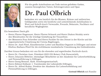 Traueranzeige von Paul Olbrich von Donau Zeitung, Donauwörther Zeitung