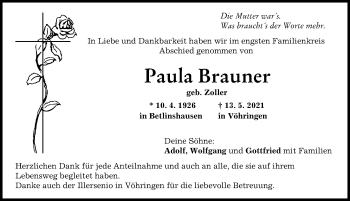 Traueranzeige von Paula Brauner von Illertisser Zeitung