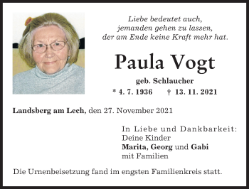 Traueranzeige von Paula Vogt von Landsberger Tagblatt