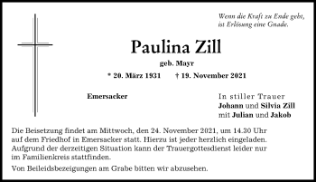 Traueranzeige von Paulina Zill von Wertinger Zeitung, Augsburg-Land