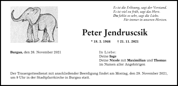 Traueranzeige von Peter Jendruscsik von Günzburger Zeitung