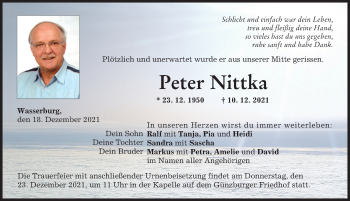 Traueranzeige von Peter Nittka von Günzburger Zeitung
