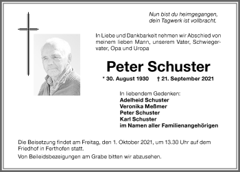 Traueranzeige von Peter Schuster von Memminger Zeitung