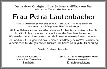 Traueranzeige von Petra Lautenbacher von Mindelheimer Zeitung