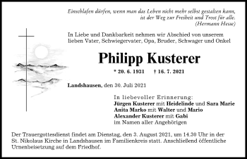 Traueranzeige von Philipp Kusterer von Donau Zeitung