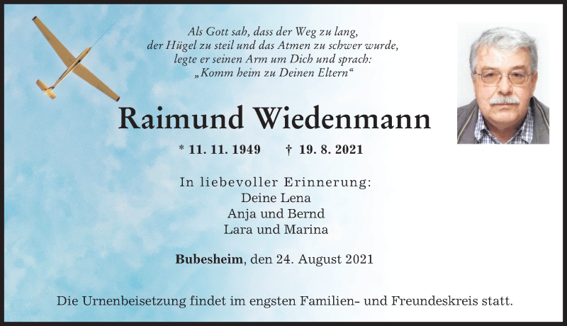  Traueranzeige für Raimund Wiedenmann vom 24.08.2021 aus Günzburger Zeitung