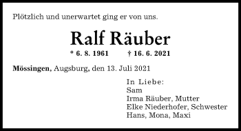 Traueranzeige von Ralf Räuber von Augsburger Allgemeine