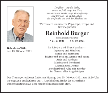 Traueranzeige von Reinhold Burger von Günzburger Zeitung