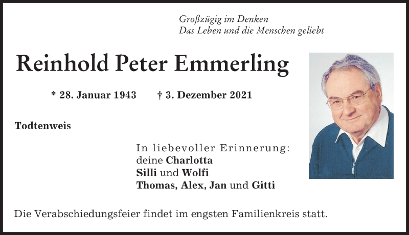  Traueranzeige für Reinhold Peter Emmerling vom 08.12.2021 aus Aichacher Nachrichten