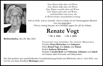 Traueranzeige von Renate Vogt von Augsburg-Land