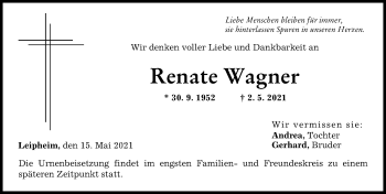 Traueranzeige von Renate Wagner von Günzburger Zeitung