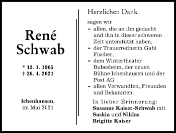Traueranzeige von Rene Schwab von Günzburger Zeitung