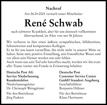 Traueranzeige von Rene Schwab von Günzburger Zeitung