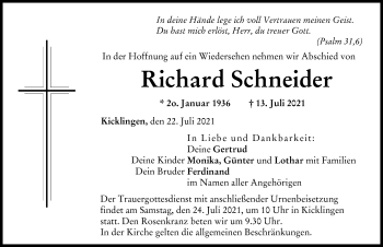 Traueranzeige von Richard Schneider von Donau Zeitung