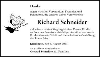 Traueranzeige von Richard Schneider von Donau Zeitung