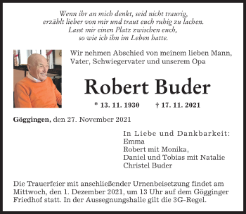 Traueranzeige von Robert Buder von Augsburger Allgemeine